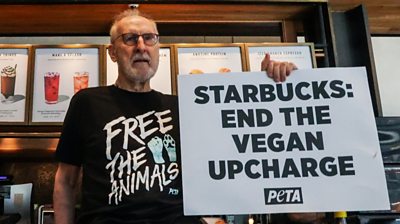 James Cromwell glued himself to a Starbucks counter in NYC today to protest a vegan milk upcharge.