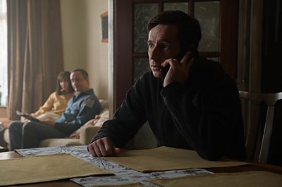 Jean Woodward (MORVEN CHRISTIE);Terry Woodward (STEVE EDGE);Andy Woodward (GERARD KEARNS) in Floodlights (Photo Credit: Credit: BBC/Expectation TV/Matt Squire)