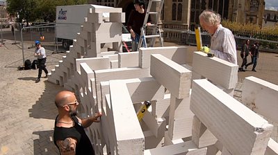 Dominoes team building blocks outside The Forum, Norwich