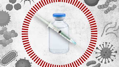 Illustration of a syringe and vaccine bottle against a backdrop of different viruses