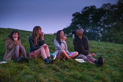 Everything I Know About Love (Picture shows: Nell (MARLI SIU), Maggie (EMMA APPLETON), Birdy (BEL POWLEY), Amara (ALIYAH ODOFFIN) L-R) (Photo Credit: BBC / Universal International Studios Ltd Photographer: Matthew Squire)