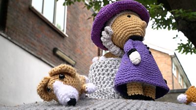 Crochet queen and corgis post box hat