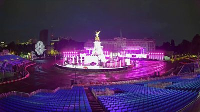Buckingham Palace lights up as preparations are made for the Queen's Platinum Jubilee