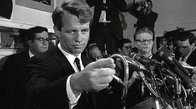 Bobby Kennedy pointing into the camera