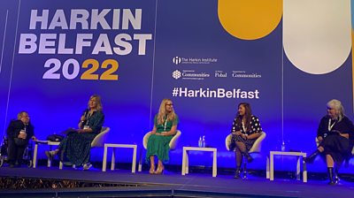 L-R: Allan MacKillop, Tara Mills, Cerrie Burnell, Sharmin Rahman and Fiona Keane on the main stage at the Harkin Summit. 