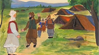 A hand-drawn painting shows green grass with four tents and people in Afghan traditional clothing coming out of them in a line. A man at the front is waving to another man in white clothing as he arrives. Mountains can be seen on the horizon.