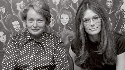 Gloria Steinem and Patricia Carbine looking into camera