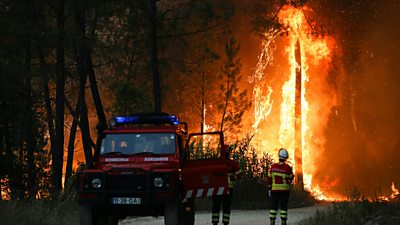 Firefighters watch a wildfire in Ourem, Portugal