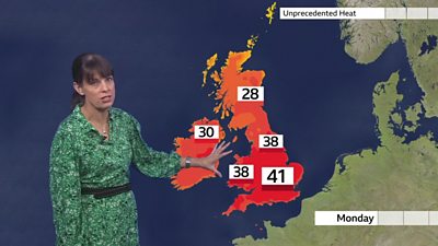 With the sun beating down temperatures could exceed 41C in some places on Monday and there'll be little relief overnight, as Susan Powell explains.