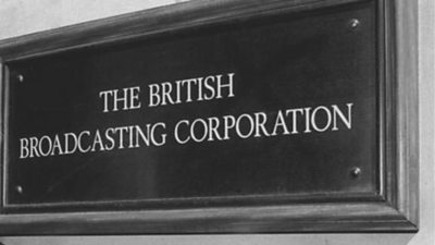 tv sign at Broadcasting House reading 'the British Broadcasting Corporatation'