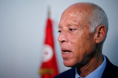 Tunisia President Kais Saied speaks during an interview