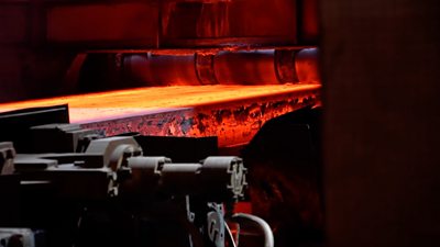 molten steel rolling off a production line at Port Talbot steelworks