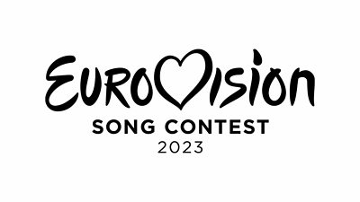 Eurovision Song Contest 2023 is written in black on a white background. The v in Eurovision is replaced by a heart.