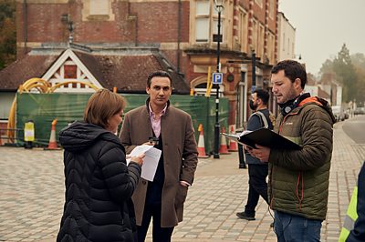 Behind the scenes on Marriage: Stefan Golaszewski (Writer/Director);Emma (NICOLA WALKER);Jamie (HENRY LLOYD-HUGHES) (Photo Credit: BBC / The Forge / Rory Mulvey)