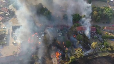 Aerial view of fire and smoke at Ashill in Norfolk