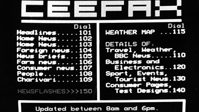 The index page of Ceefax in 1975