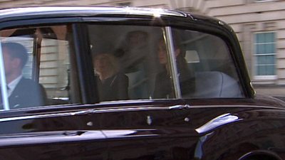 Camilla, Queen Consort and Catherine, Princess of Wales in a car leaving Buckingham Palace