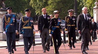 Prince William, King Charles III, Prince Harry, Prince Edward and Prince Andrew walking behind the Queen's coffin