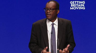 Chancellor Kwasi Kwarteng speaking to the Tory conference