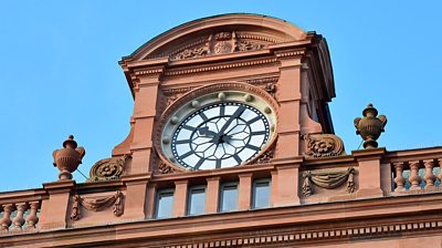 The clock on the restored Bank Buildings in Belfast