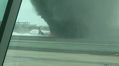 Plane on fire on the runway in Peru