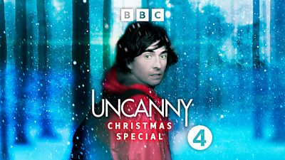 Festive artwork for Uncanny featuring snowfall on a picture of Danny Robins walking through a forest. Red branding reads: “Christmas Special” 