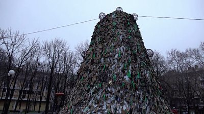 A Christmas tree made from camouflage nets