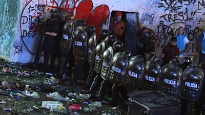 Riot police standing guard in Buenos Aires