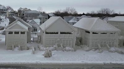 Houses completely covered in ice in Ontario, Canada