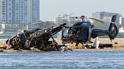 The wreckage of two helicopters near Seaworld on Australia's Gold Coast