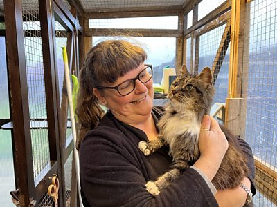 Lady holding up a grey and white stripped cat