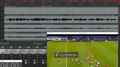 Digital audio workstation session with audio tracks and start points for each highlight clip.