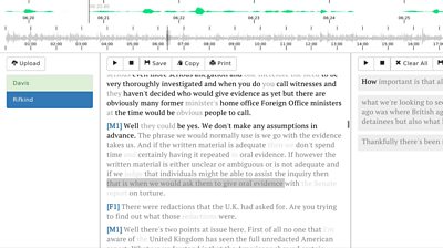 A screenshot of the editing tool, showing a waveform at the top of the screen, with a transcript underneath - certain words and sentences are highlighted.