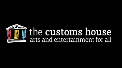 The Customs House logo on a black background with “arts and entertainment for all” tagline and colourful column icon.