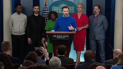 Actor Jason Sudeikis in the White House press room