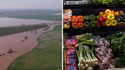 Flooded California farmland and stocked shelves of vegetables