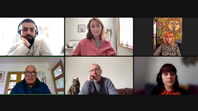 Clockwise from top left: Usman Mullan (Development Producer, BBC Writersroom), Emilie Robson, Alex Clarke, Emily Demol (Development Coordinator, BBC Writersroom), Paul Jones and Gary Brown (Producer, BBC Audio Drama North).