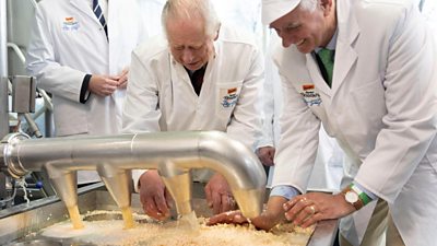 King Charles makes cheese making during a visit to an organic farm in Brandenburg