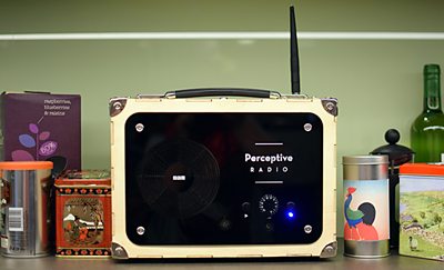 A radio on a shelf