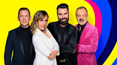 Left to right: Scott Mills, Mel Giedroyc, Rylan and Graham Norton