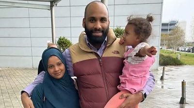 Mohammed Bardo is reunited with his wife Somaya and daughter, who escaped Sudan