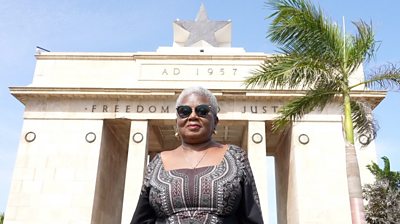 Elizabeth Ohene standing at Ghana's Independence. Square in Accra