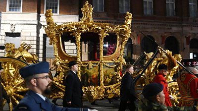 The Coronation procession makes its way towards Admiralty Arch during the rehearsal for King Charles III coronation