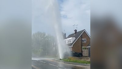 Pictures showed water spraying at high pressure from a grassed area outside a home.
