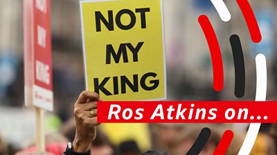 Ros Atkins logo with a photo of someone holding a Not My King placard