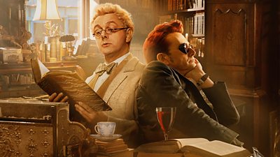 Image featuring Michael Sheen as angel Aziraphale, and David Tennant as demon Crowley.