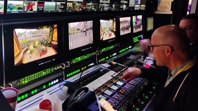 Production gallery with multiple monitors