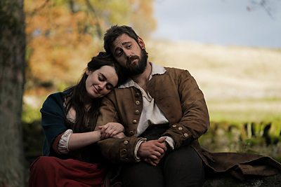 Grace Hartley (SOPHIE McSHERA), David Hartley (MICHAEL SOCHA) in The Gallows Pole (Credit: BBC/Element Pictures (GP) Limited/Objective Feedback LLC/Dean Rogers)