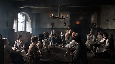 William Hartley (THOMAS TURGOOSE), Gwen Hartley (CHARLOTTE OCKELON), Rita (EMMA CHADBOURNE), Rose (SHARONDEEP KAUR JOHAL), Susie (NICOLE BARBER-LANE), Tom Hartley (DAVE PERKINS), David Hartley (MICHAEL SOCHA), Sid the Snake (ROB GALLOWAY), Isaac Hartley (SAMUEL EDWARD COOK) in The Gallows Pole (Credit: BBC/Element Pictures (GP) Limited/Objective Feedback LLC/Dean Rogers)