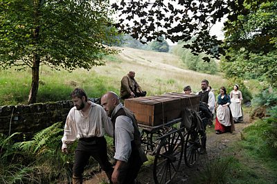 David Hartley (MICHAEL SOCHA), Isaac Hartley (SAMUEL EDWARD COOK), James Broadbent (ADAM FOGERTY), William Hartley (THOMAS TURGOOSE), Tom Hartley (DAVE PERKINS), Gwen Hartley (CHARLOTTE OCKELON), Darya Hartley (SORAYA JANE NABIPOUR) in The Gallows Pole (Credit: BBC/Element Pictures (GP) Limited/Objective Feedback LLC/Dean Rogers)